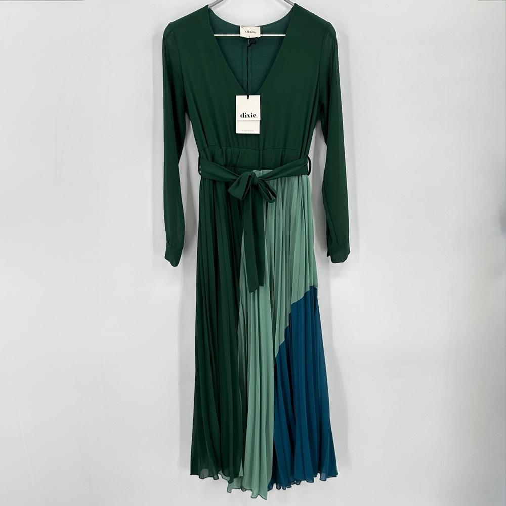 Dixie Colorblock Pleated Skirt Maxi Dress size XS Long Sleeve V-Neck NWT $234